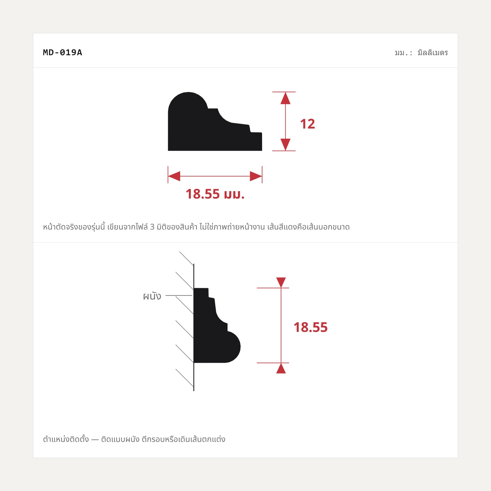 แบบหน้าตัด MD-019A 18.55x12 มม. และตำแหน่งติดตั้ง